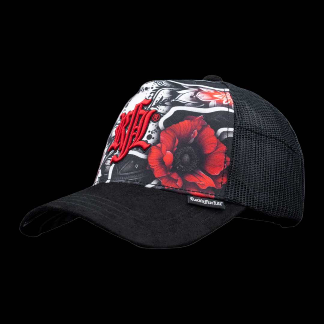 Trucker Cap N°237 FLOWER POWER – Frontansicht rotes Mandala-Muster