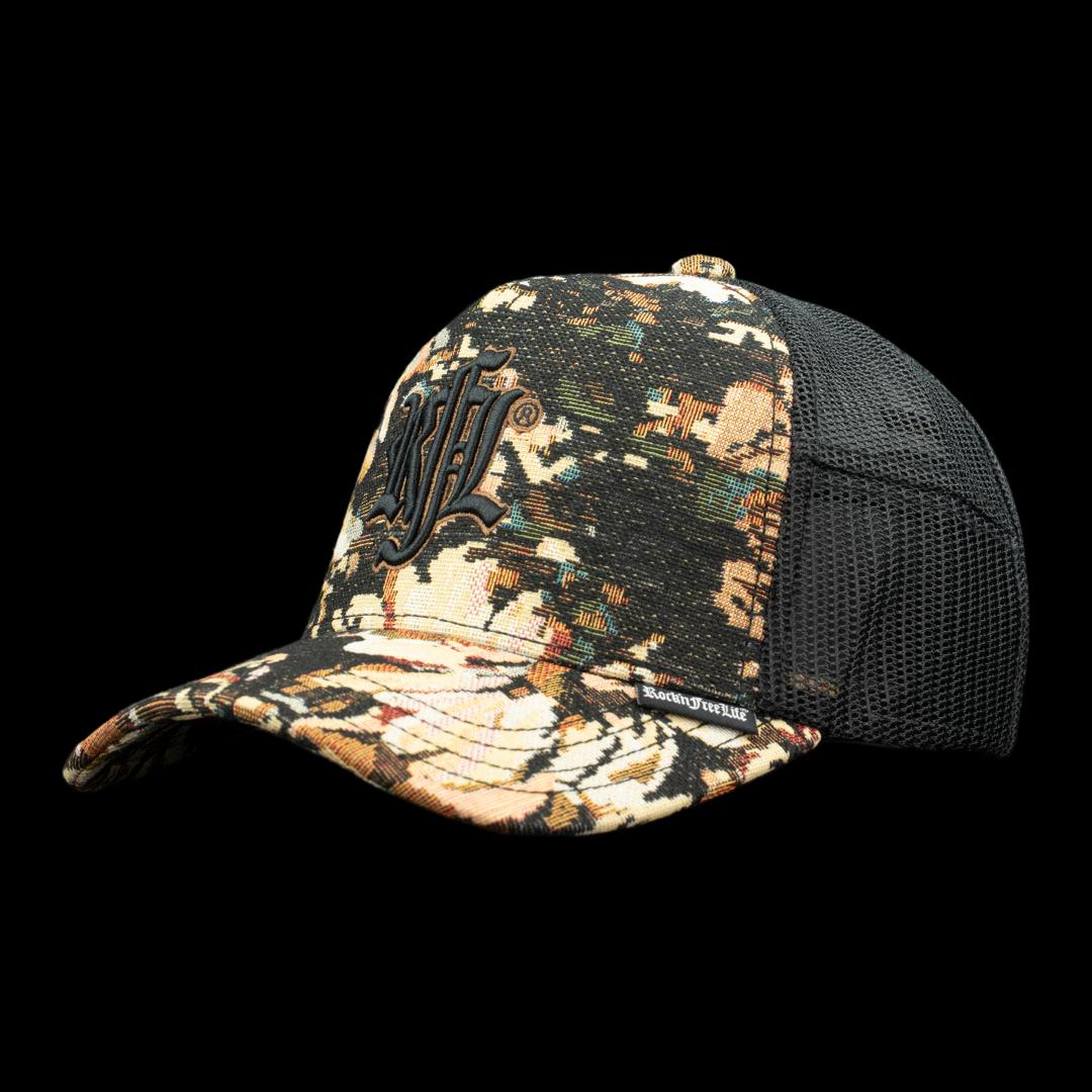 Trucker Cap N°222 REMEMBER – Frontansicht Tapisserie-Stoff mit Blumenmuster