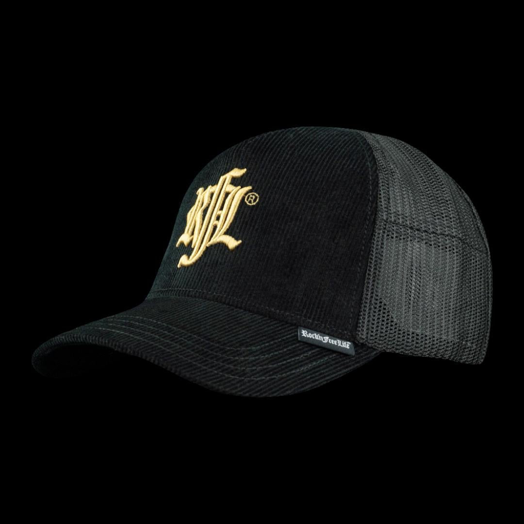 Trucker Cap N°268 BLACK HOLE SUN – Frontansicht Cord-Samt Schwarz/Gold