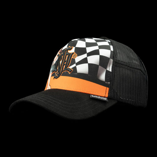 Trucker Cap N°219 VINTAGE RACING – Frontansicht Pin-up auf Zielflaggen-Karo