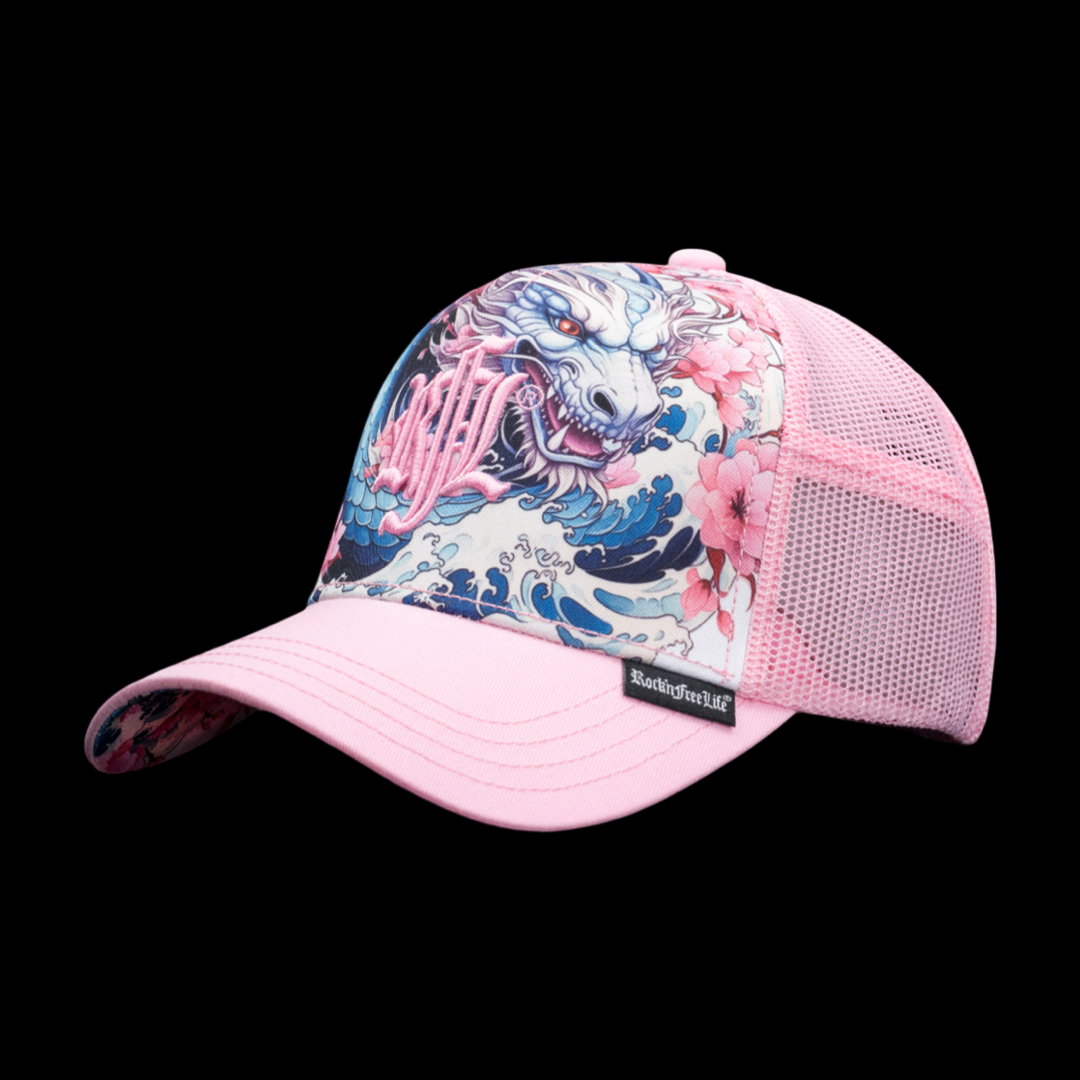 Trucker Cap N°245 DRAGON – Frontansicht Drachen-Print Rosa